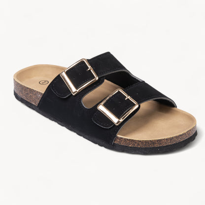 COMFORTABLE WOMEN'S CORK FOOTBED SANDALS (RICH BLACK)